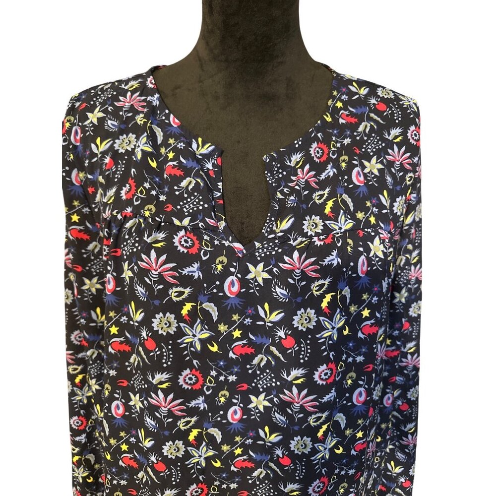 Gap Black Long-Sleeve Floral Print Blouse With Split Neckline Womens Size L - Picture 2 of 6